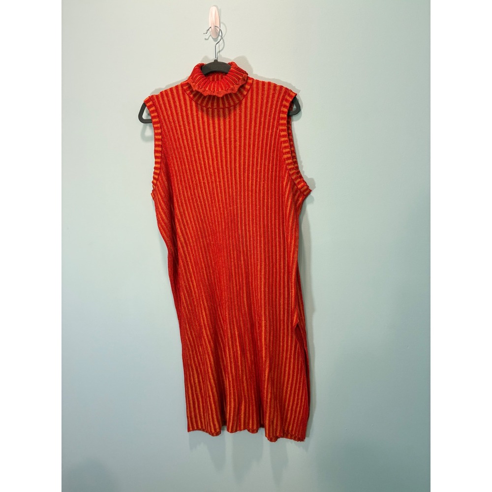 Tamara Malas Red Orange Striped Sleeveless Turtleneck Knit Midi Dress Size 14/16